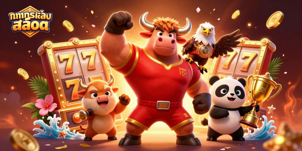 Experience ทดลองเล่นสล็อต excitement with a vibrant 3D casino scene featuring animated characters and slot machine elements.