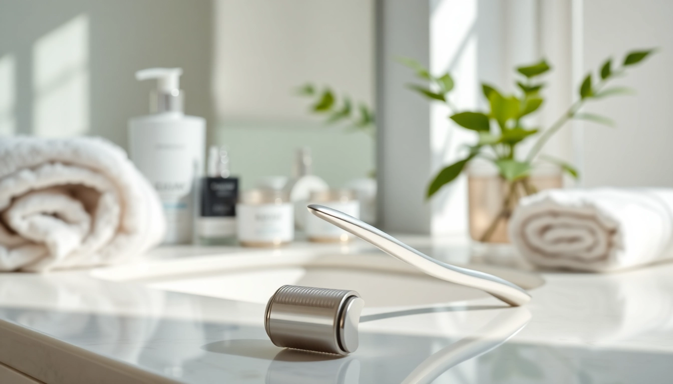 Der dermaroller auf einem eleganten Make-up-Tisch verdeutlicht die feinen Nadeln und das ergonomische Design.