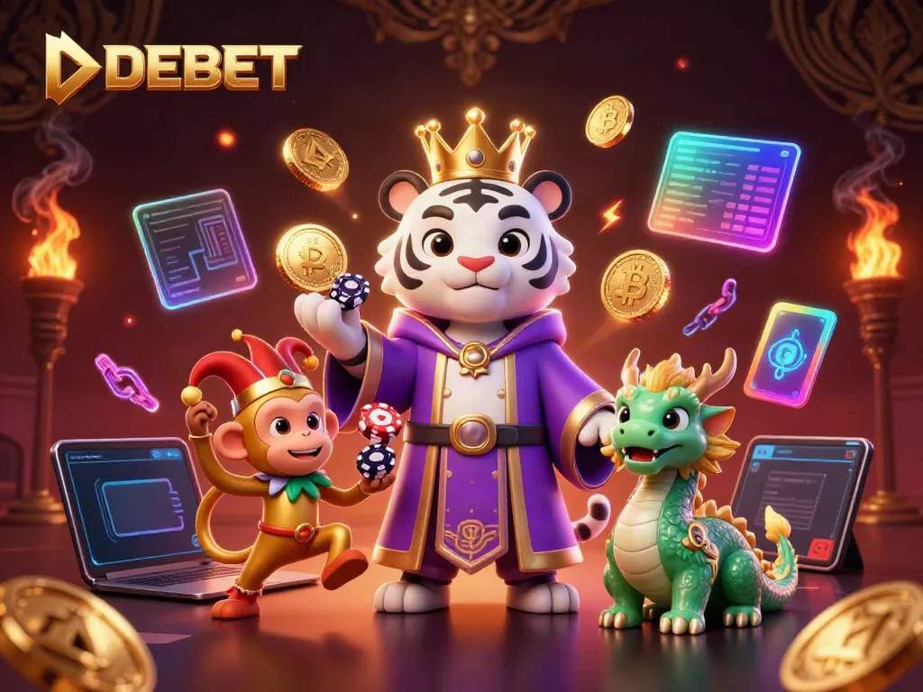 Engage with DEBET's dynamic 3D illustration featuring a tiger, monkey, and dragon in a visually rich gambling setting.