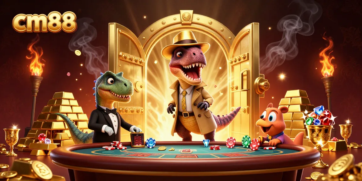 cm88 velociraptor card counter watches stealthily while a stegosaurus pit boss monitors a bustling casino scene.