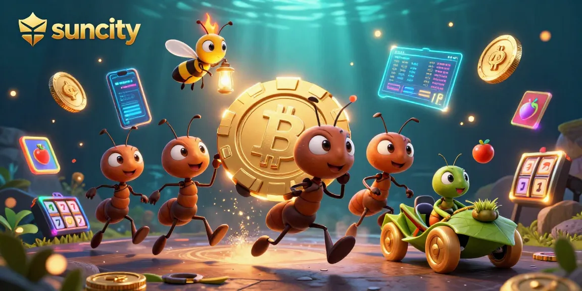 Experience thrilling moments at suncity with a team of cartoon ants heisting a giant poker chip amidst vibrant casino elements.