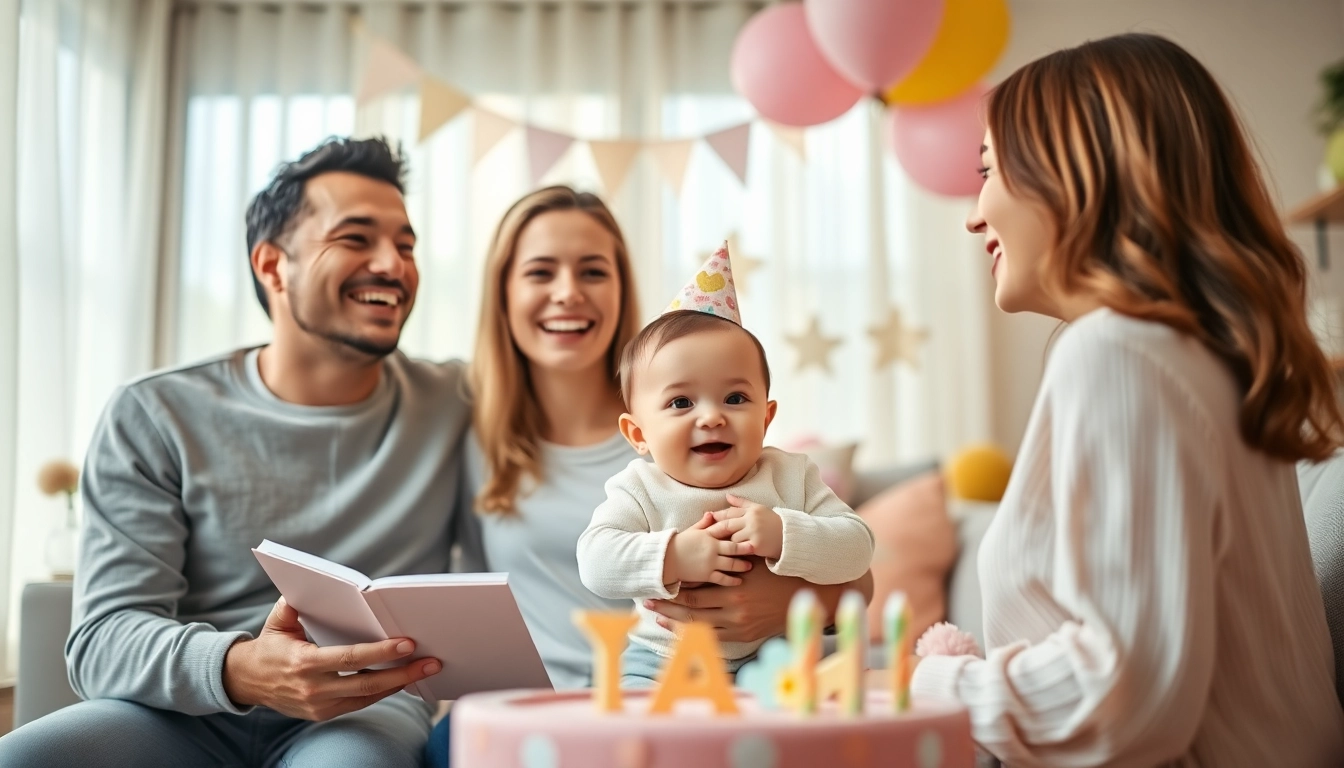 Erinnerungen fürs erste Jahr festhalten mit einer liebevollen Familienfeier um das Baby.