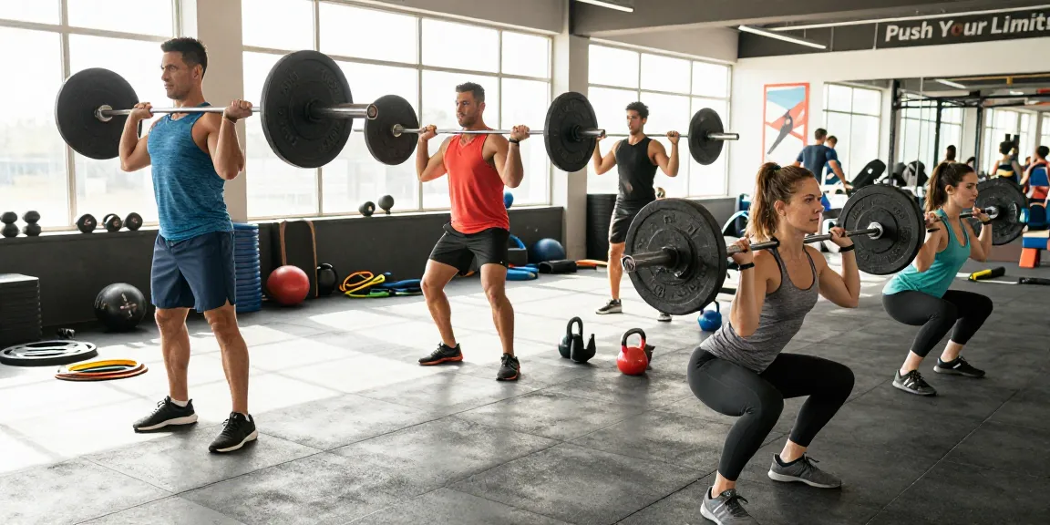 Kraftsportler, die in einem hellen Fitnessstudio trainieren und den Geist des Anabolika Shop Deutschland mit motivierender Energie und vielfältigen Workouts verkörpern.