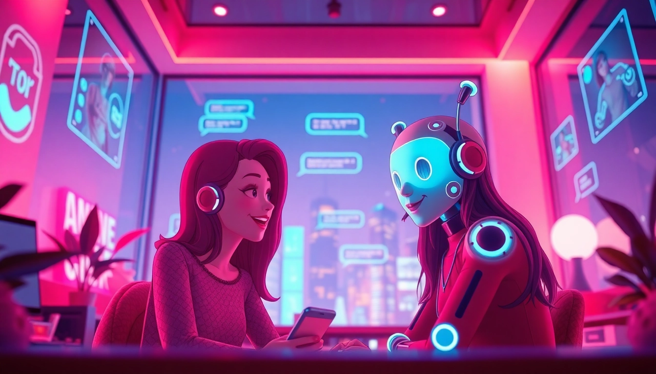 Interactive chat scene with a friendly AI character focused on free sex ai in a cozy, warm-toned setting.