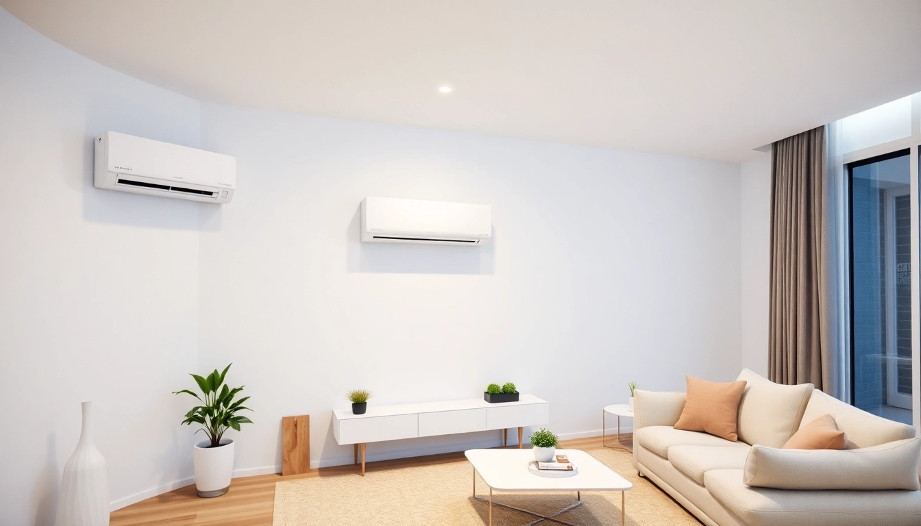 Erfahren Sie die Klima kosten für eine moderne Split-Klimaanlage im Wohnzimmer mit warmem Licht.