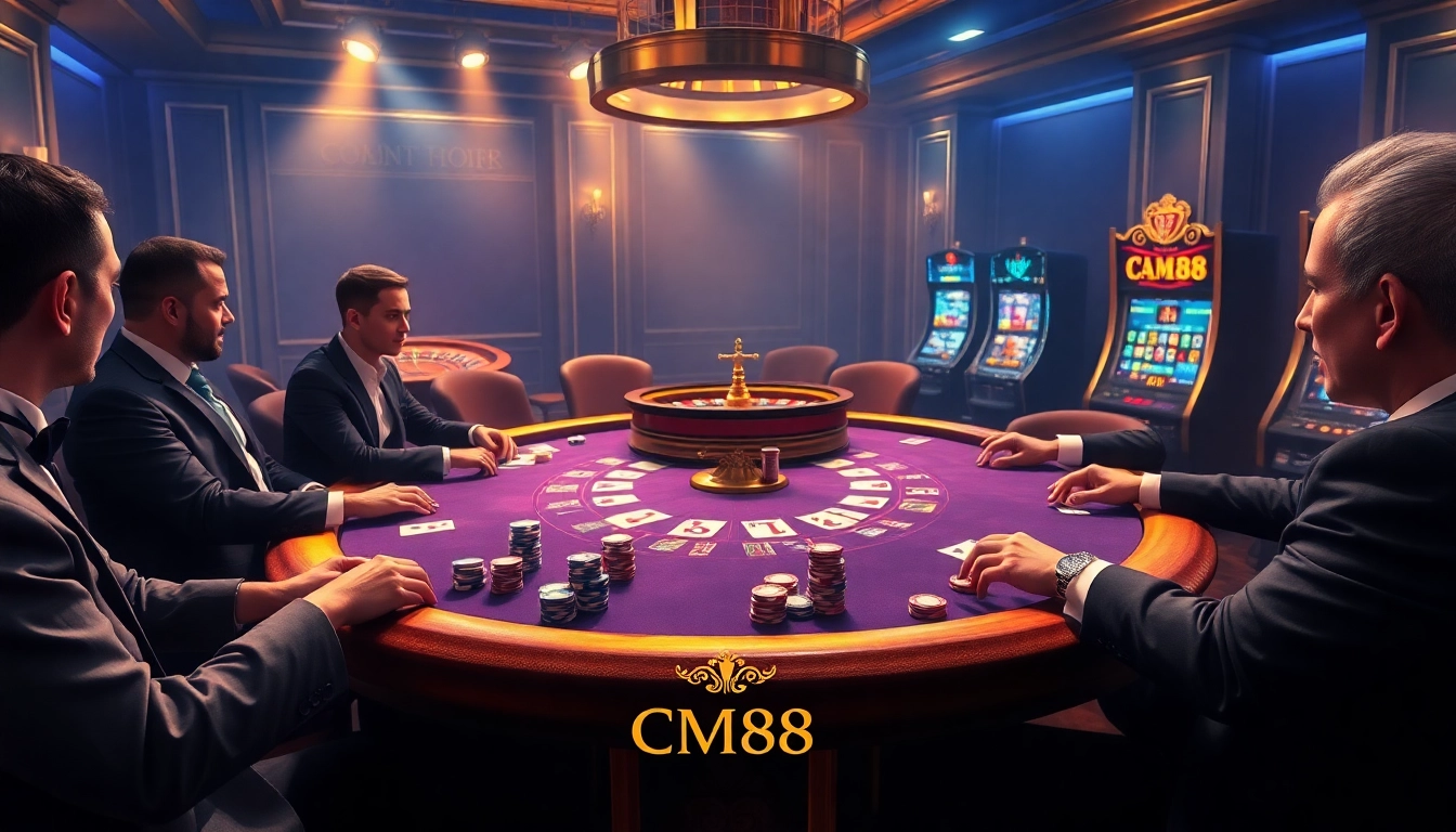 Players engage in intense poker action at CM88-themed tables with vibrant chips and cards.