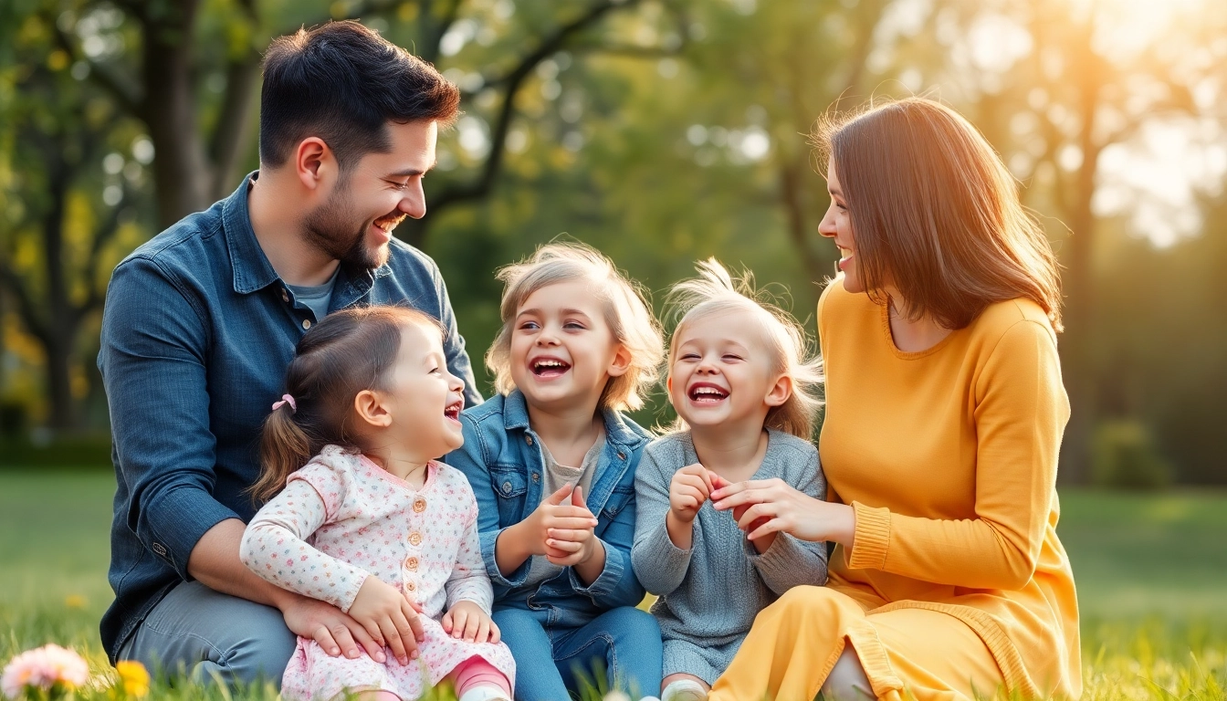 Kindererziehung in einer glücklichen Parkumgebung: Eltern und Kinder spielen zusammen.