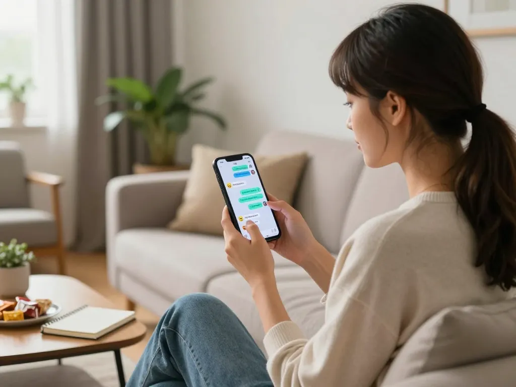 Engaging with sexting AI on a smartphone in a cozy living room setting.