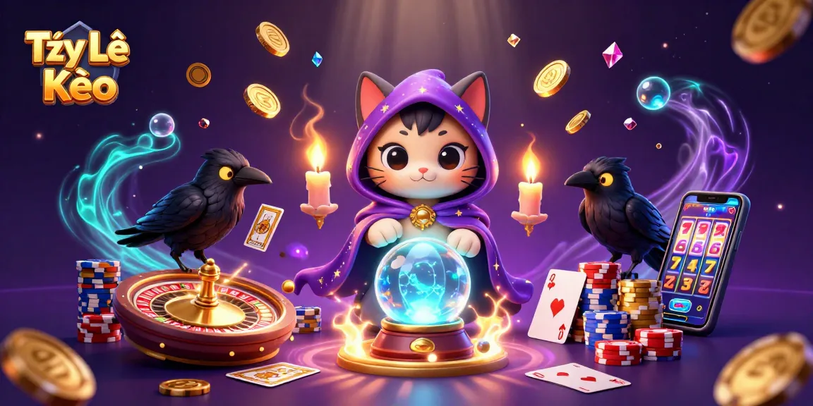 Tỷ Lệ Kèo illustrates a mystic cat and raven amidst swirling casino magic, engaging bettors.