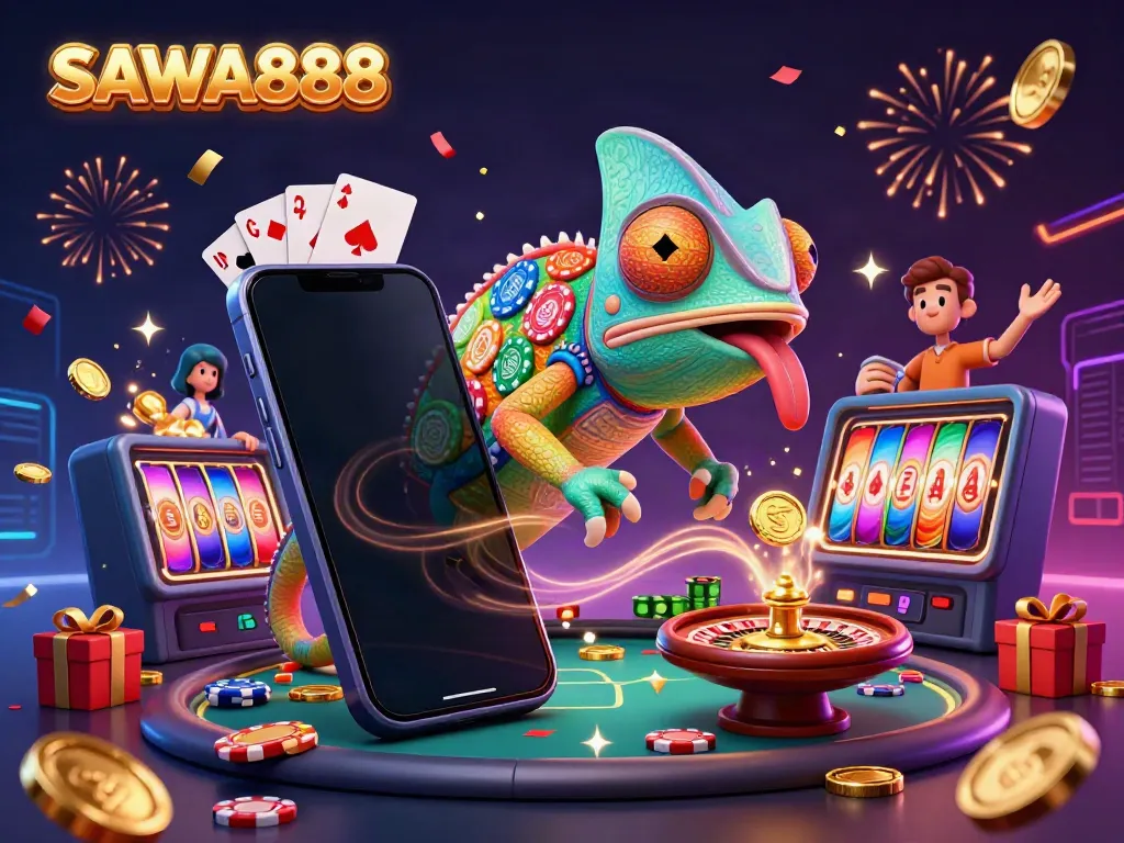 Engage with SAWA888's vibrant gaming scene featuring a chameleon casino owner and slot games.