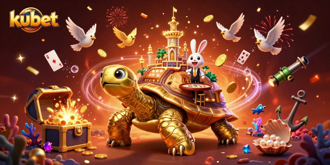 kubet showcases a vibrant casino scene with a golden tortoise, a rabbit dealer, and playful birds around gambling elements.