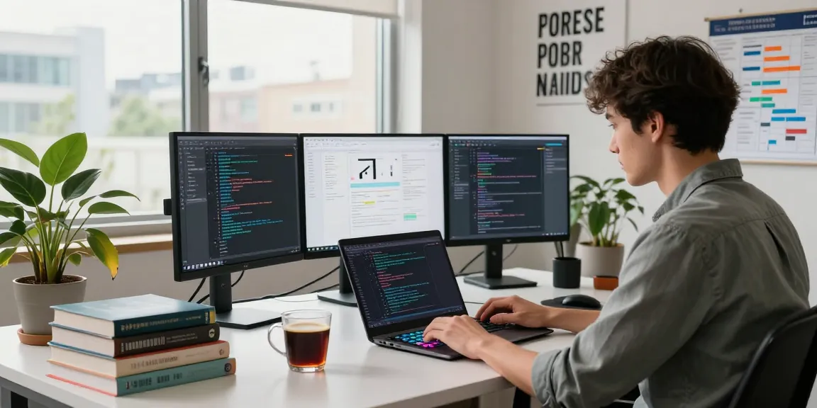 Softwareentwickler, der an mehreren Bildschirmen codiert, Eigene Webanwendung erstellen lassen in einem modernen Arbeitsplatz, Kaffee und Designtools vorhanden.