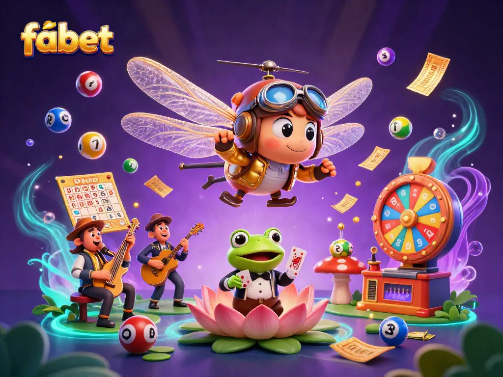 Experience fabet's vibrant casino scene with a dragonfly pilot, frog croupier, and lively musicians.