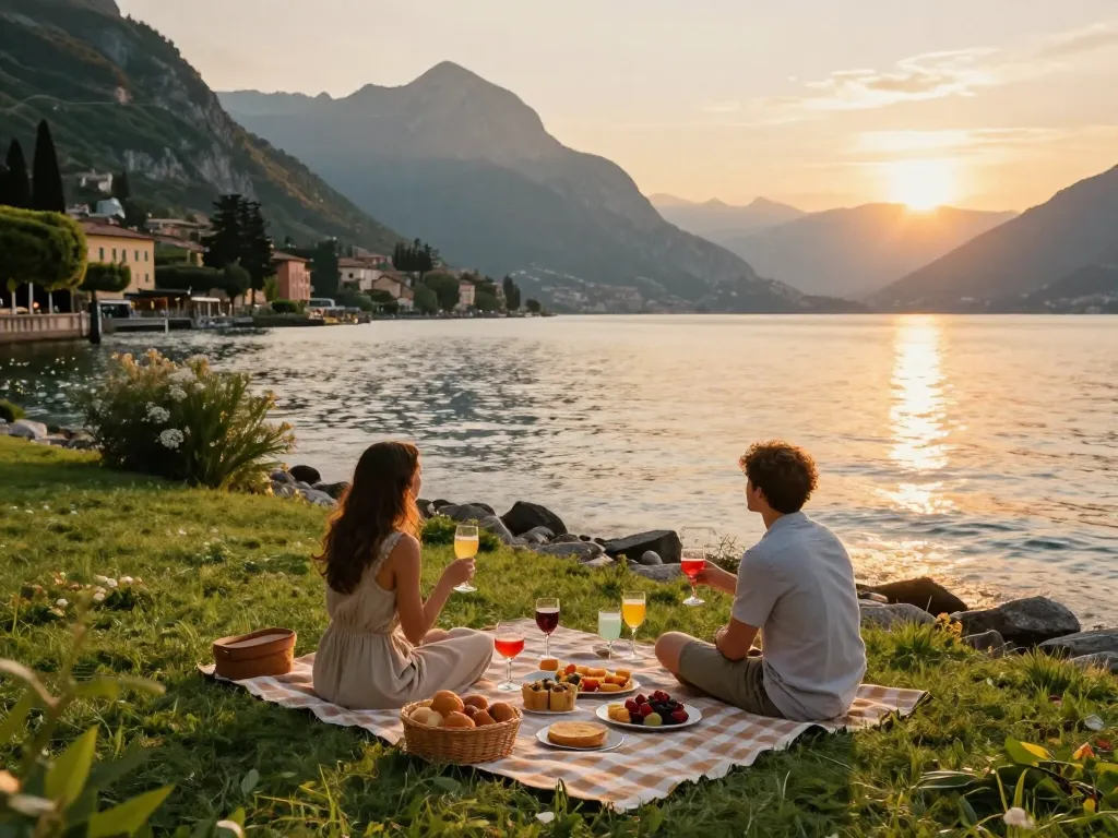 Paar genießt ein Picknick bei Sonnenuntergang während des Urlaubs am Gardasee mit Getränken und lokalen Gerichten am Ufer.