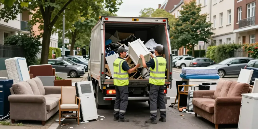Sperrmüll Abholung Berlin: Mitarbeiter bei der Müllentsorgung in einer Berliner Nachbarschaft.