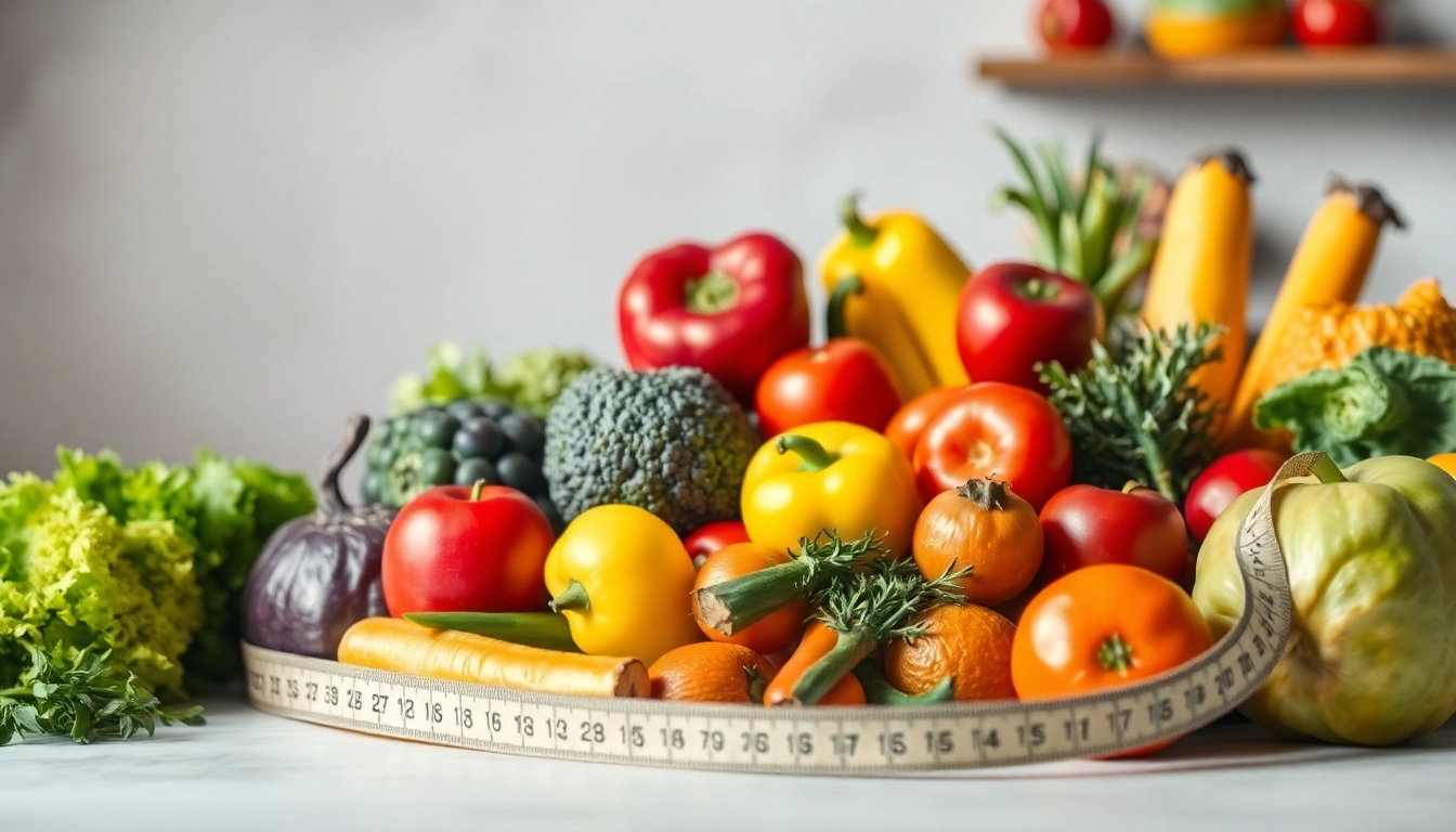 Visualisiere Gewichtsverlust durch einen gesund dekorierten Obst- und Gemüseteller, symbolisch für ausgewogene Ernährung.