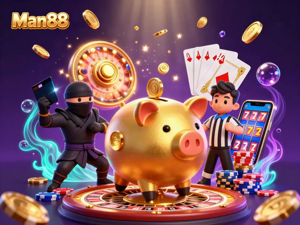 Experience thrilling gameplay at Man88 as characters celebrate with cascading coins and vibrant casino elements.