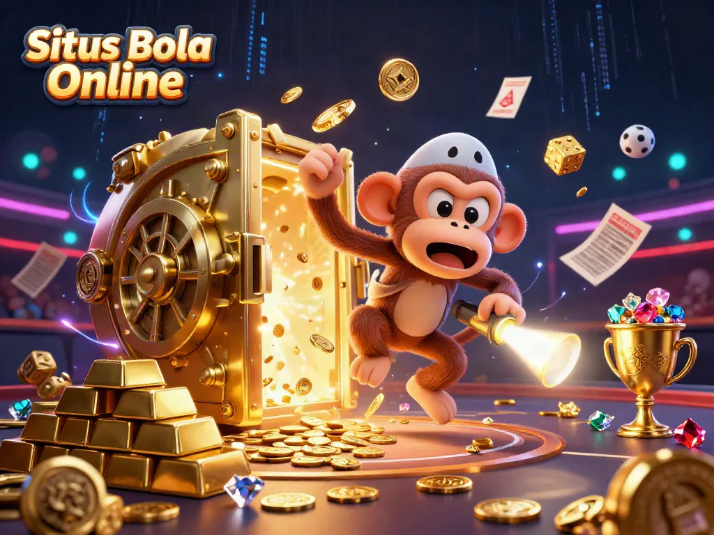Engage with Situs Bola Online, where a cartoon monkey juggles betting items in a vibrant arena.