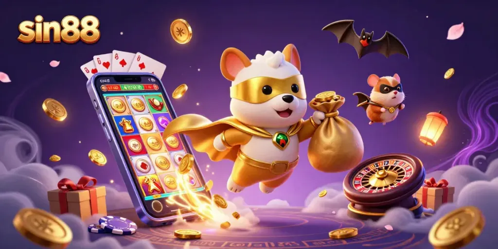 Join the excitement at sin88 with a superhero dog and hamster flying through a dynamic casino scene.