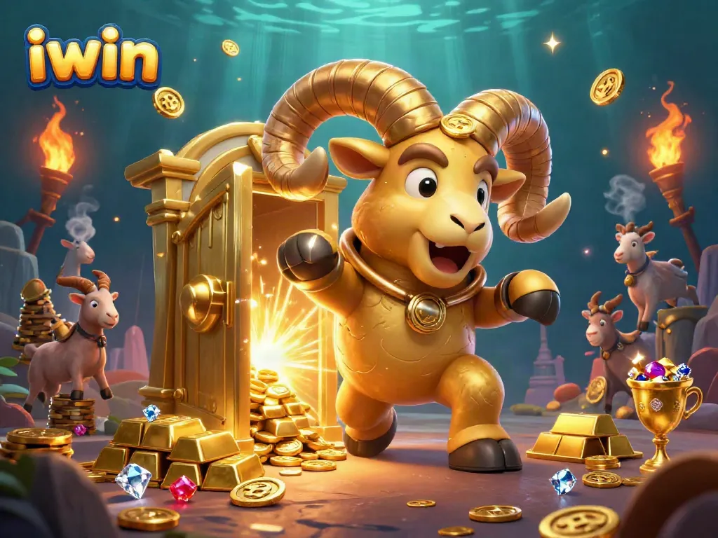 Experience thrilling wins at iwin with a golden ram charging through a vibrant casino scene filled with treasures.