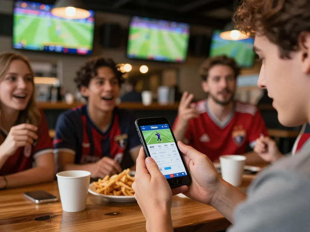 Engaging moment of a player using the 78win đăng nhập app for sports betting with friends at a lively bar.