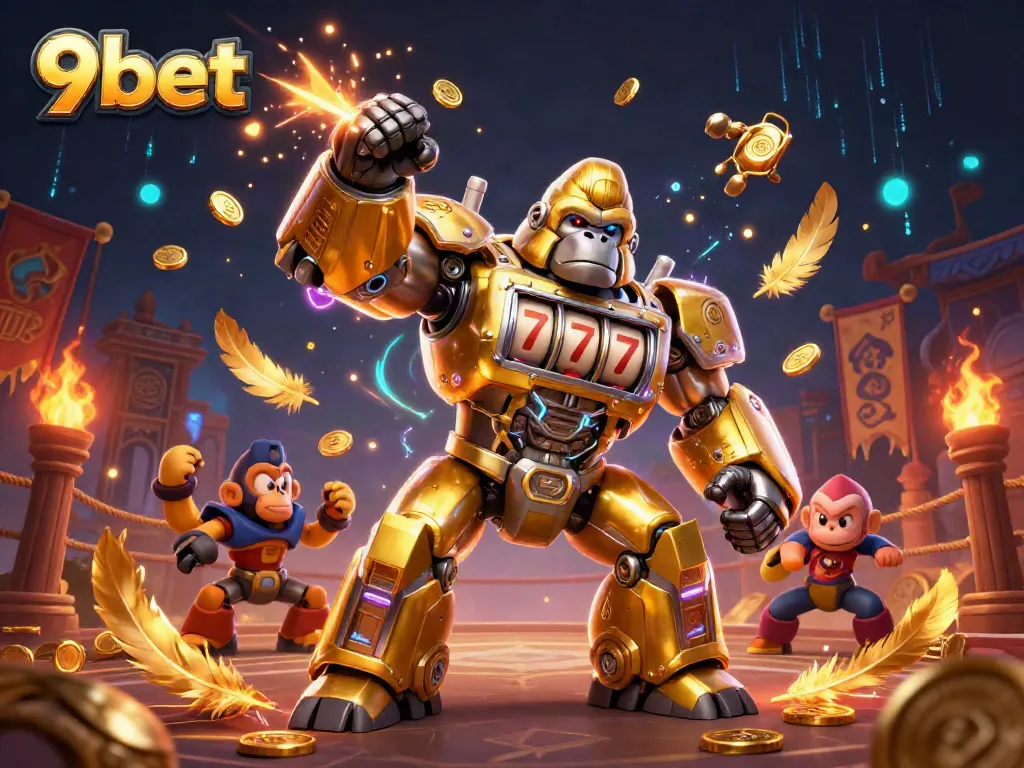 Join the excitement at 9bet with a thrilling 3D illustration of a golden gorilla mech and festive casino elements.