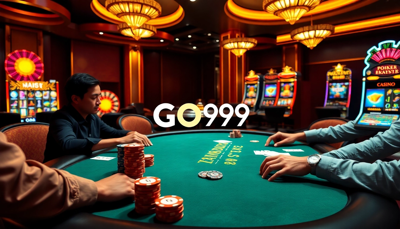Players enjoying a high-stakes game at GO99 casino with poker chips and exciting slot machines.