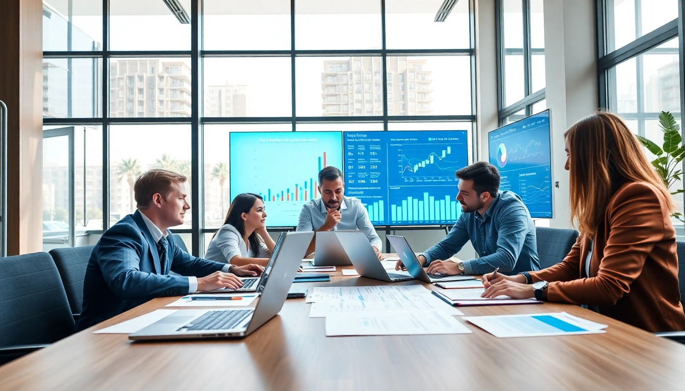Online Marketing Team collaboration in a bright office, analyzing digital strategies
