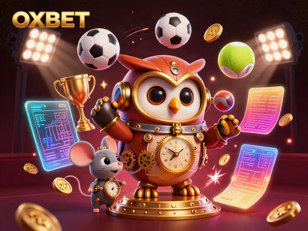 Play casino games and sports betting with OXBET, featuring a richly illustrated steampunk owl and dynamic sports elements.