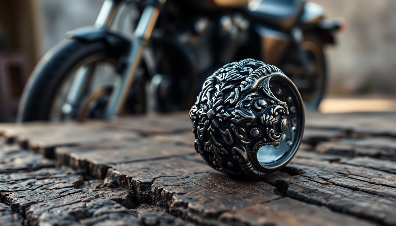 Bikerring mit feinen Details auf einem rustikalen Tisch präsentiert.