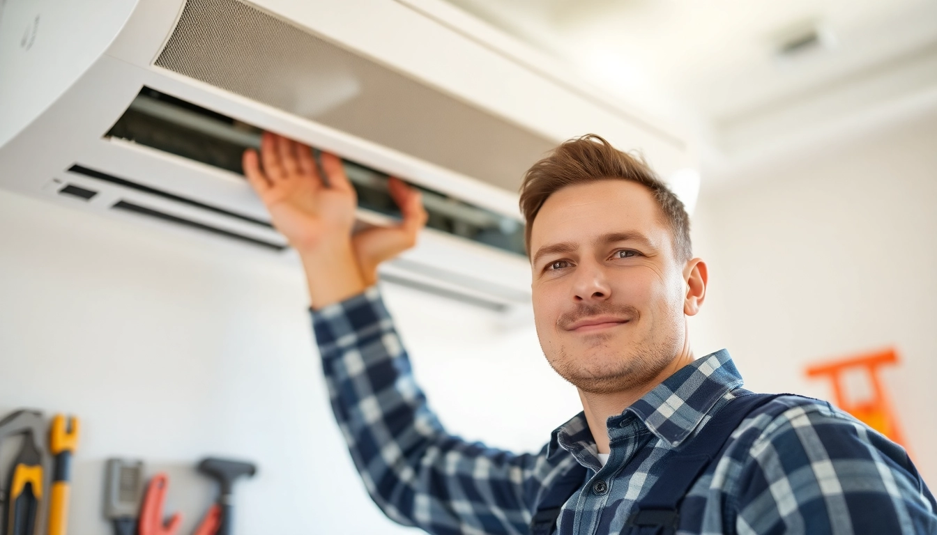 Professioneller Techniker beim Klima installieren und Montage der Klimaanlage in einem hellen Raum