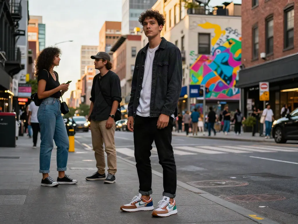 Individuen mit individuellen Sneakers in urbaner Umgebung und Sonnenlicht.