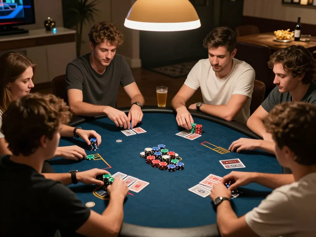 Engaging friends gather around for poker, experiencing 78win đăng nhập excitement in a cozy home environment.