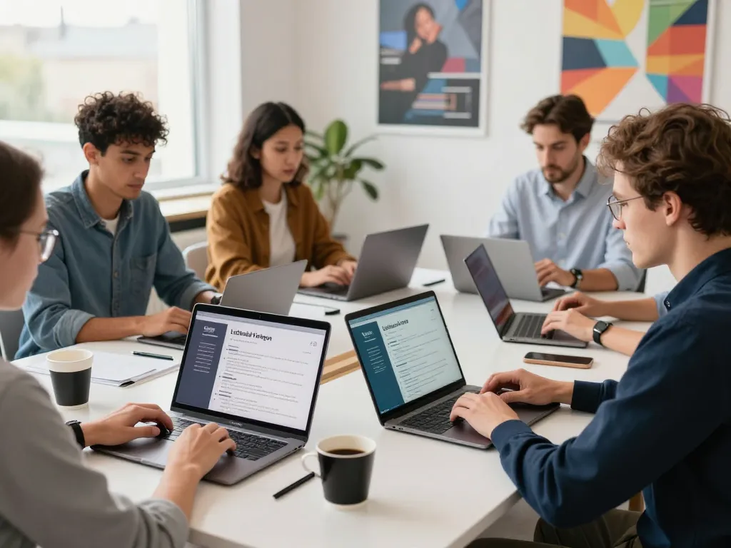 Arbeitssuchende arbeiten in einem hellen Büro gemeinsam an Lebenslauf Vorlagen und präsentieren moderne Lebenslauf-Templates.