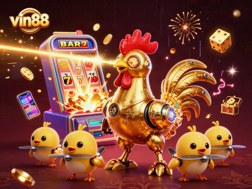 Experience thrill at vin88 with a dazzling slot machine jackpot, golden coins, and exciting gaming elements.