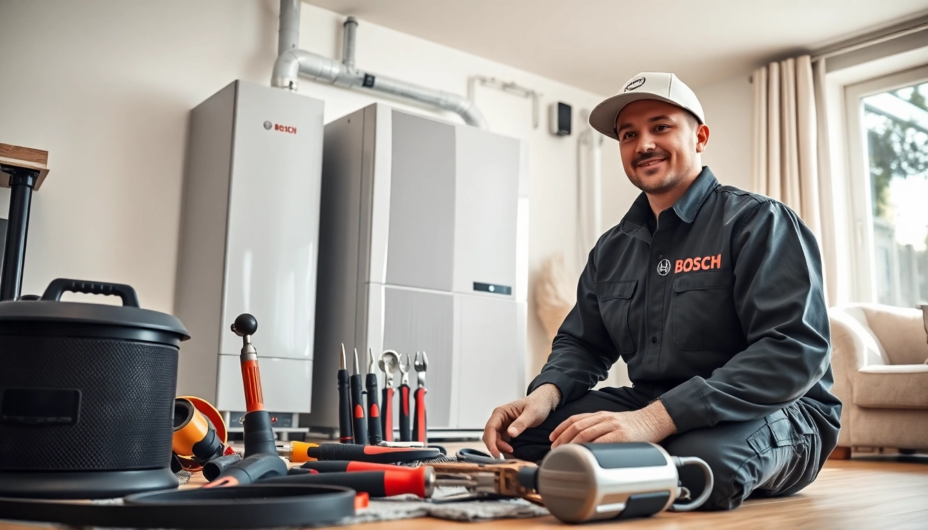Wärmepumpe Bosch Installation: Fachmann installiert effiziente Heizsysteme.