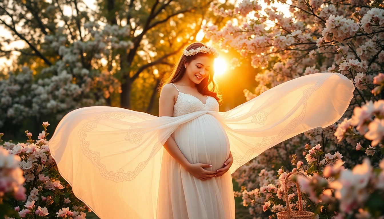 A mother-to-be in a whimsical maternity photoshoot dress showcasing delicate lace details in a scenic garden.