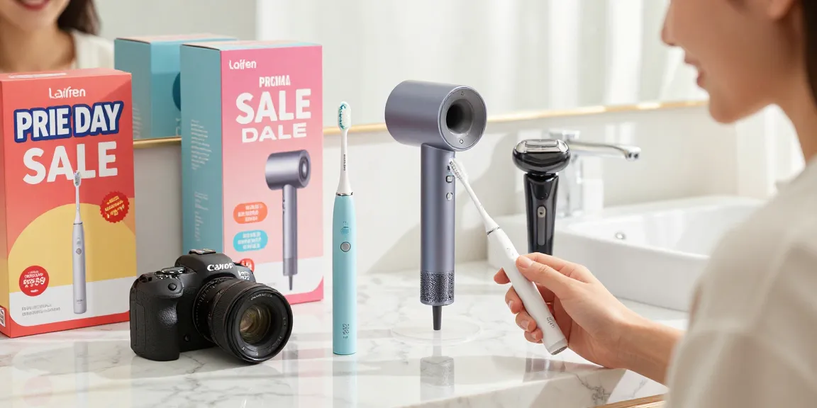 Entdecken Sie Laifen de Produkte im Prime Day Sale: elektrische Zahnbürste, Haartrockner und Elektrorasierer in stilvollem Badezimmer.