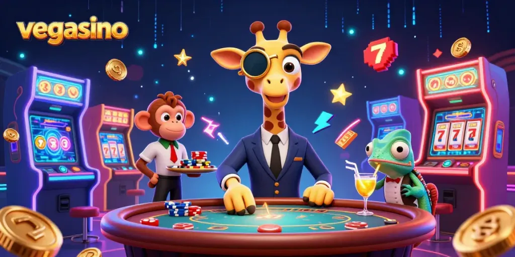 Experience the excitement of vegasino as high-roller giraffe plays poker in a vibrant casino scene.
