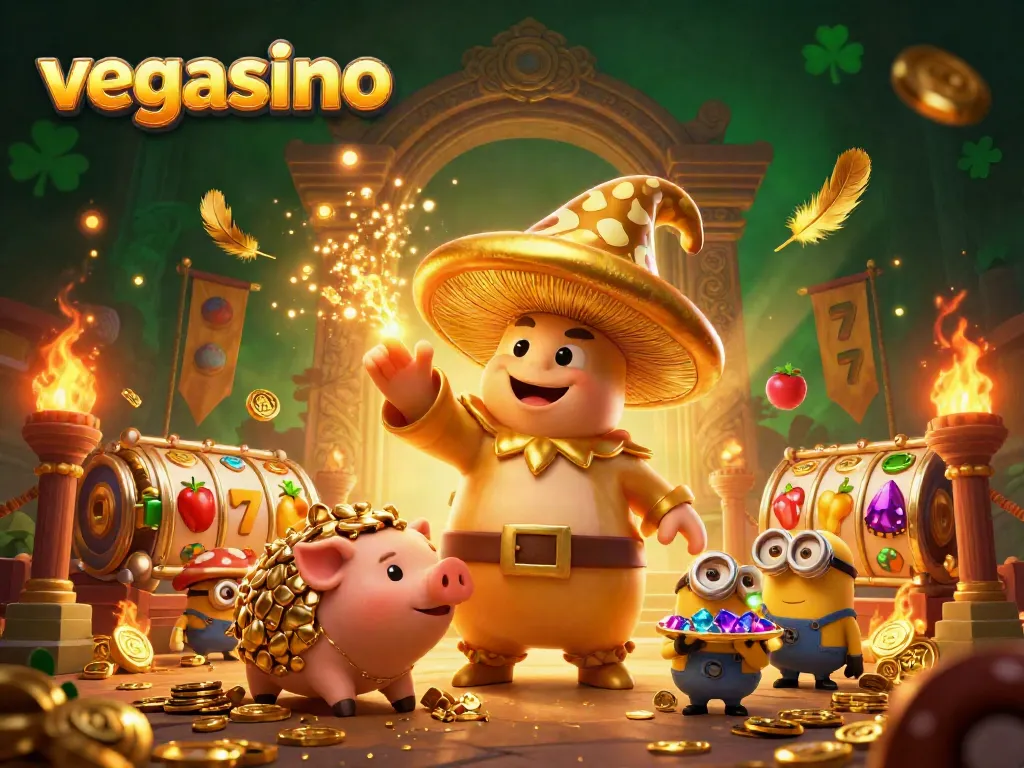 Experience the magic of vegasino with a visually stunning scene featuring a golden wizard and treasures.