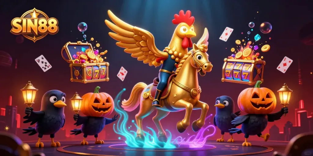Experience the excitement of SIN88 with a golden rooster and spectral horse in a vibrant casino scene.
