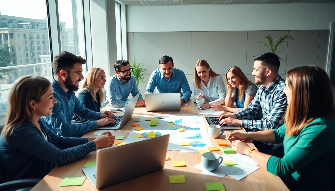 Online Marketing Strategien im kreativen Teammeeting mit Laptops und Charts.