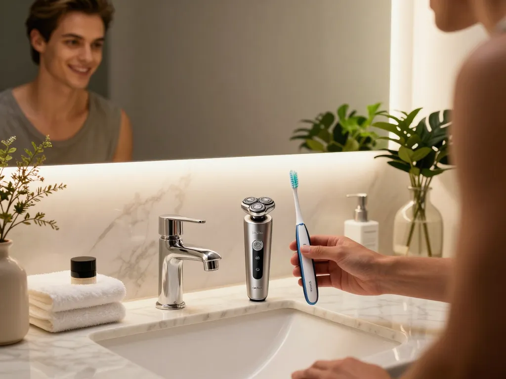 Verwendung des elektrischen Rasierers von Laifen Europa für eine stilvolle Grooming-Routine in einem modernen Badezimmer.