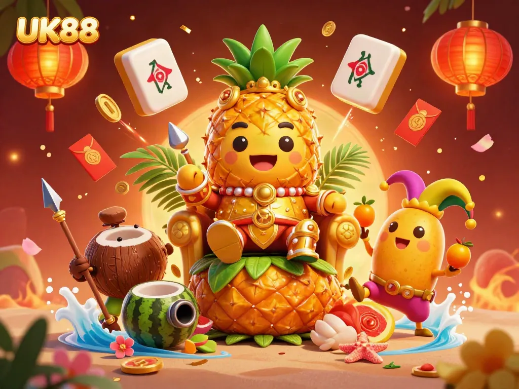 Experience the vibrant beach casino action at UK88 with a pineapple king, coconut guards, and colorful gaming elements.