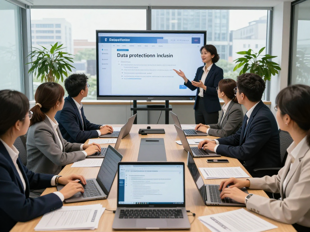 Öffentliche und gemeinnützige Einrichtungen Kommunen im Büro, Team diskutiert Datenschutz und Barrierefreiheit.