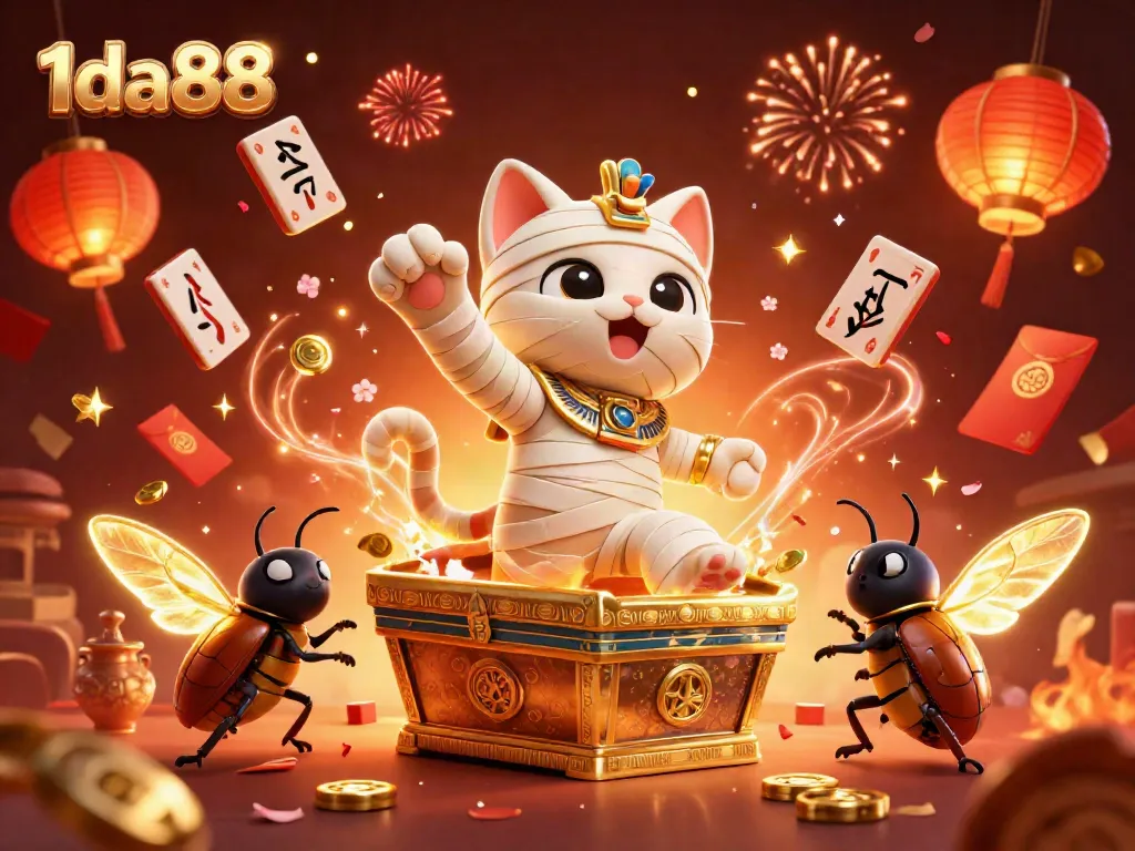 Engage with the vibrant atmosphere of 1da88, featuring a cartoon mummy cat in a pyramid casino bursting with color and action.