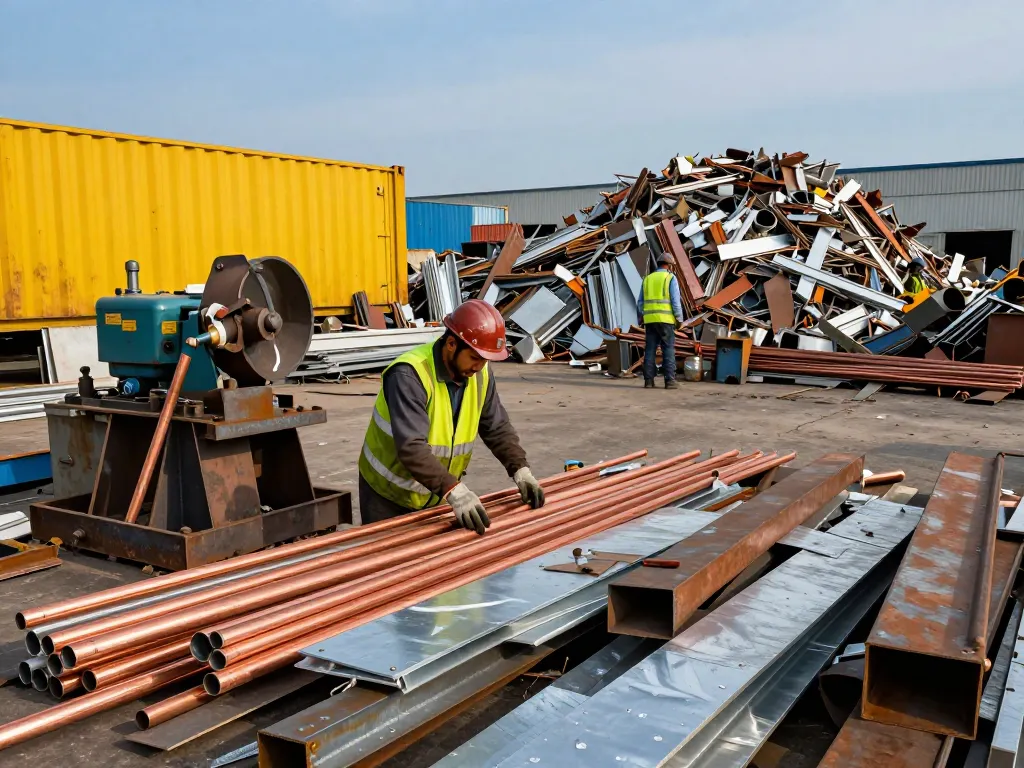 Arbeiter, der im Schrotthandel Metallreste im Recyclinghof sortiert
