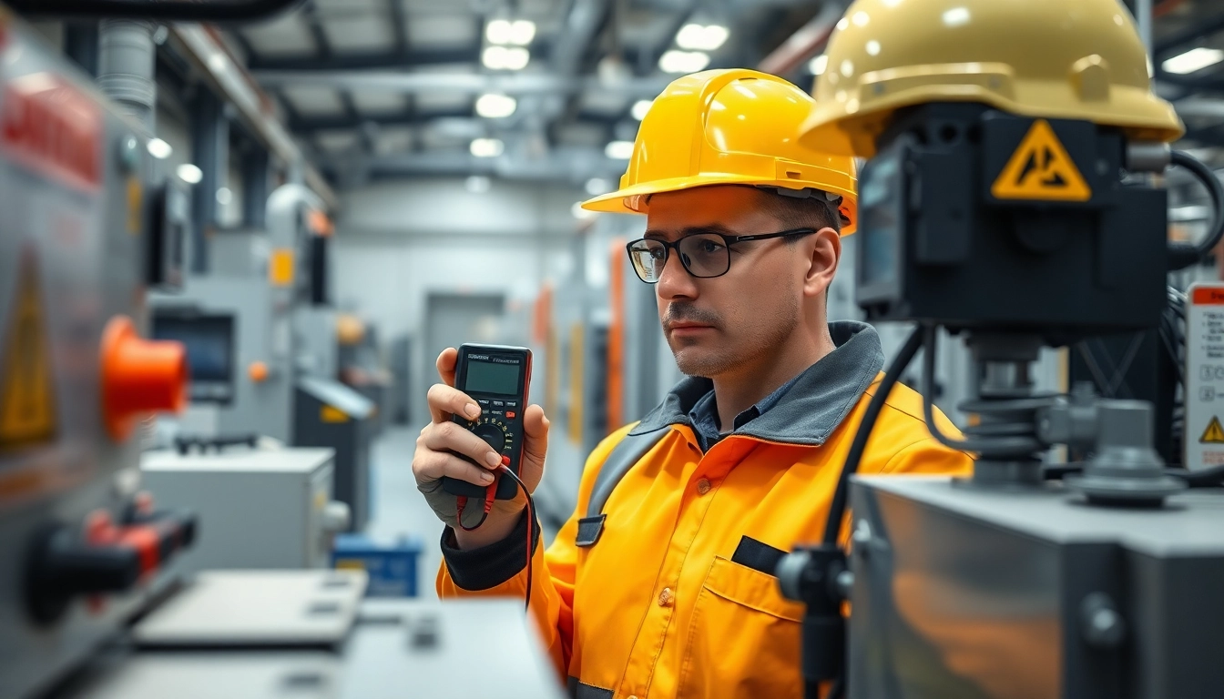 Technician performing DGUV V3 Prüfung on machinery for safety compliance inspection.