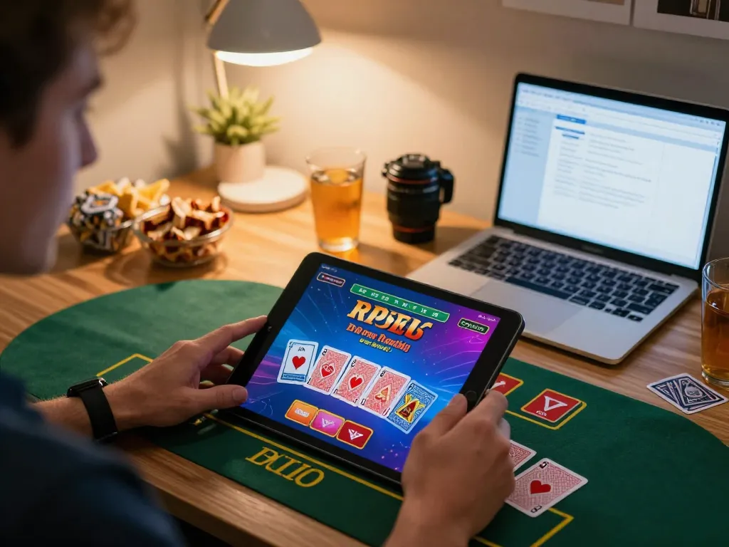 Engaged player exploring blackjack strategies on soibet tablet in a cozy home office