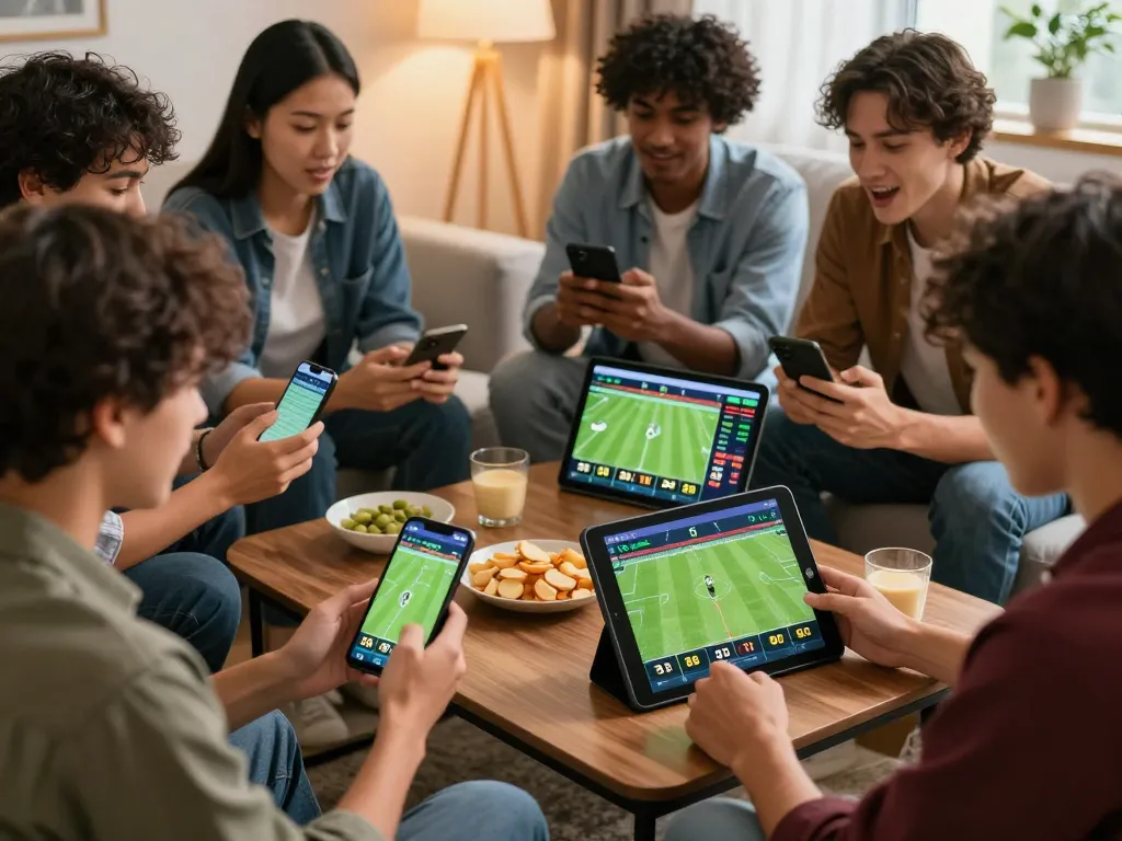 Engaged friends placing football bets using their smartphones in a cozy living room setting.